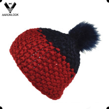 Fashion Thick Yarn Hand Knit Hat with Fur Ball